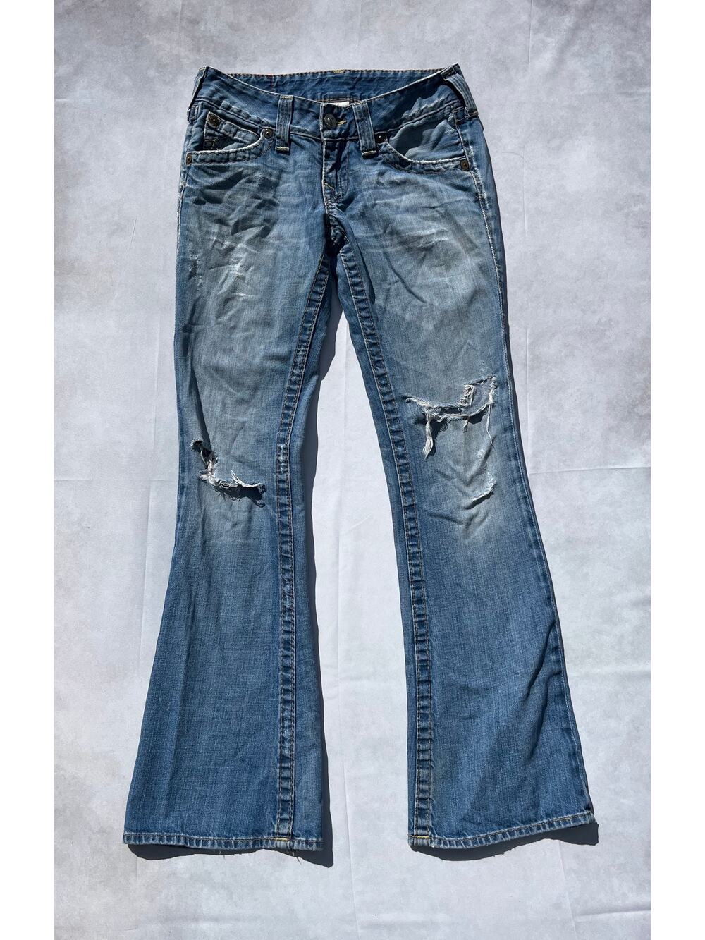 True Religion Joey Super T Distressed Flare Jeans Vintage Medium Wash 27 ✨